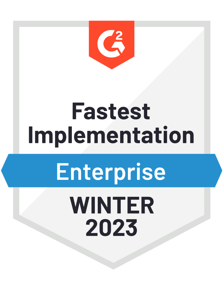 A medal showing that Prodly DevOps won the Fastest Implementation Enterprise badge in the G2 Winter 2023 reports