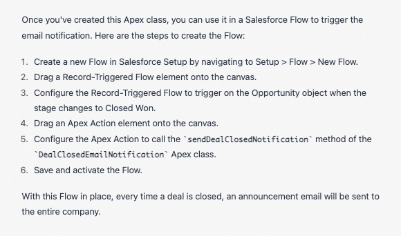 A screenshot of instructions accompanying an Apex script for a flow written by CHatGPT for Salesforce
