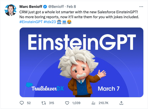 A screenshot of a tweet announcing EinsteinGPT for Salesforce