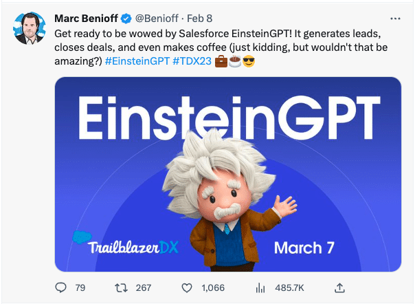 A screenshot of Benioff's tweet announcing EinsteinGPT for Salesforce