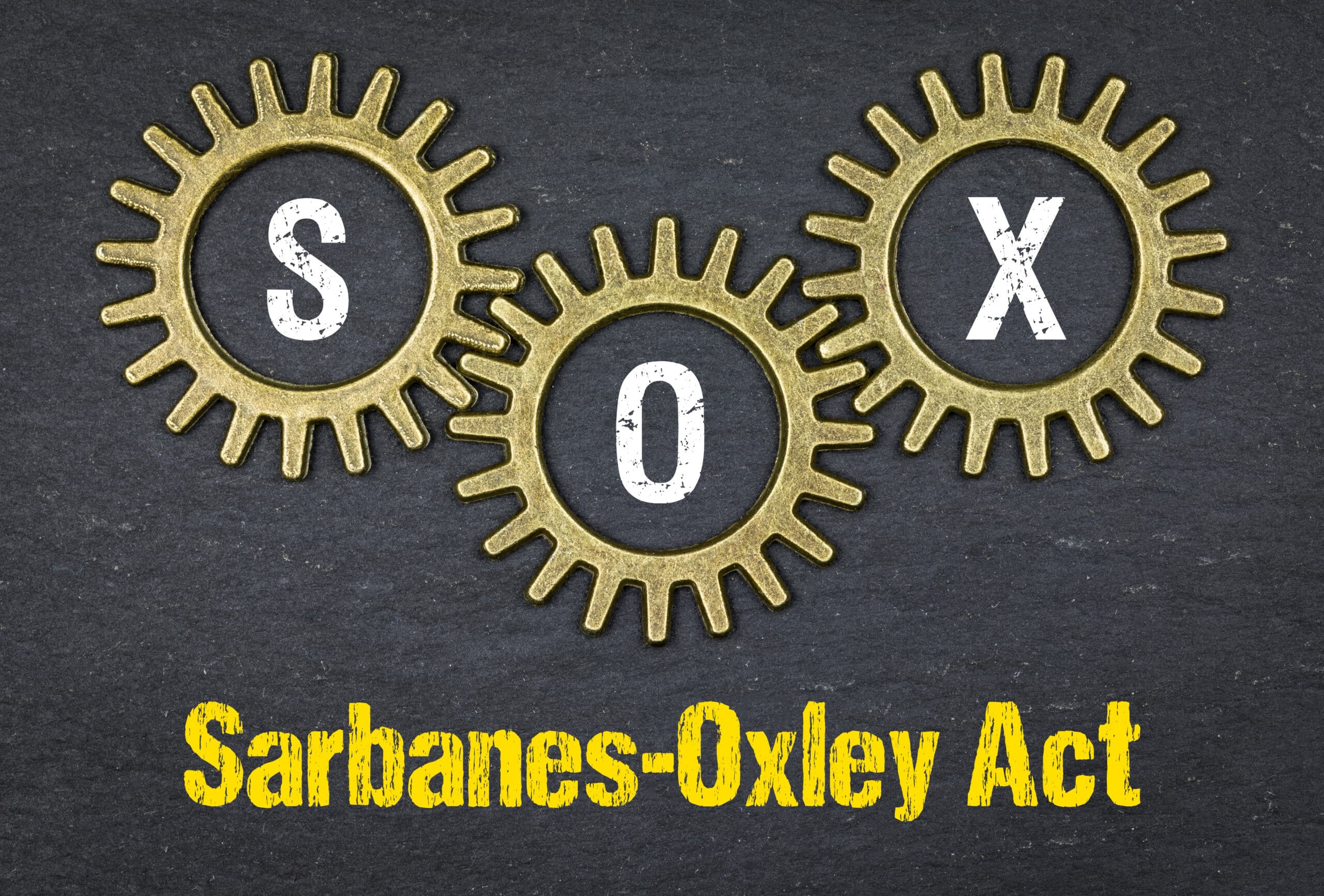 Three interlocking gear wheels on a black background with the words "Sarbanes-Oxley Act" representing automation for SOX compliance best practices for Salesforce releases