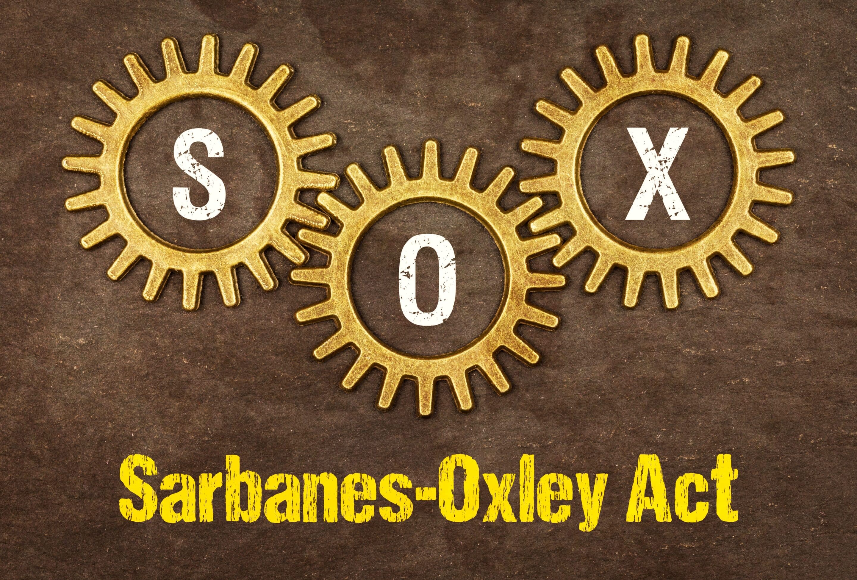 The acronym SOX in gears with Sarbanes-Oxley Act below them against a brown paper background.