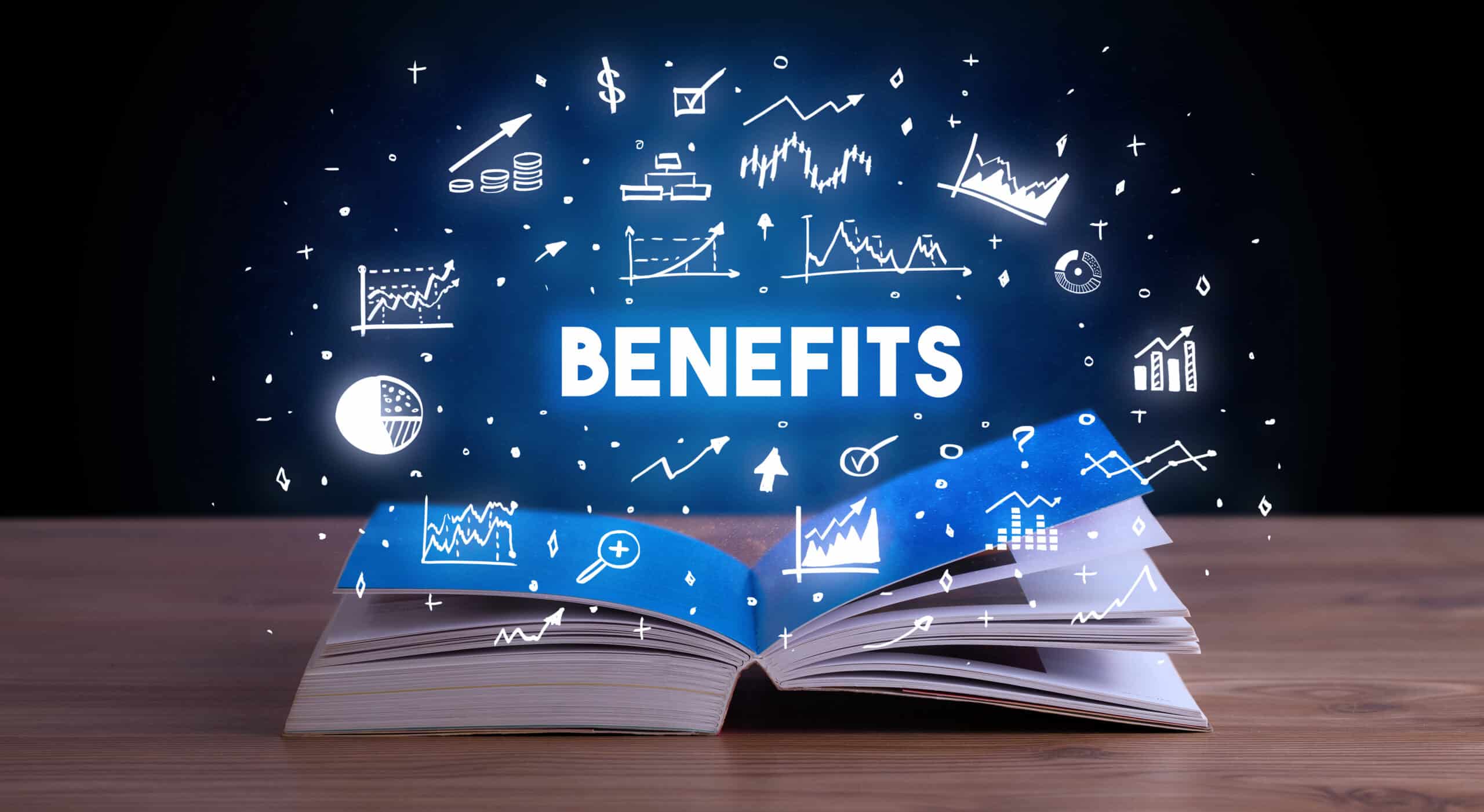 A report with the word “Benefits” in VR representing the business benefits of Salesforce ALM.