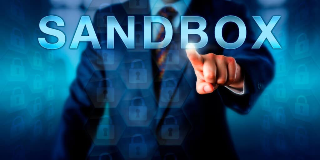 A VR image with a businessman referring to sandbox seeding vs. sandbox management