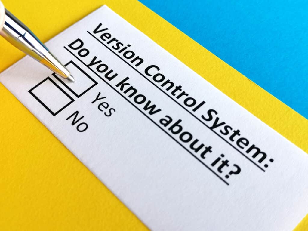 A white card on a yellow background asking if you know about version control for data.