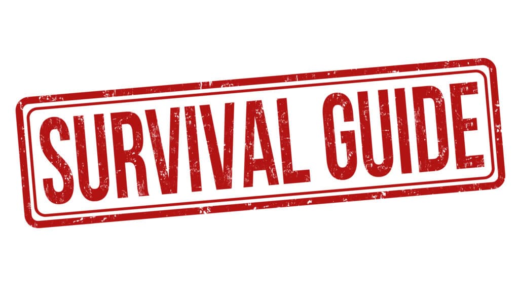 A red rubber stamp of the words “survival guide.”