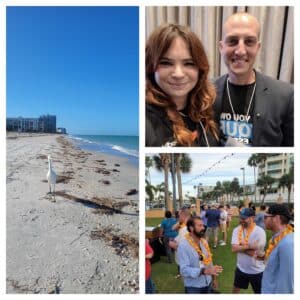 Collage of three photos with a crane on the beach and Prodly employees networking.