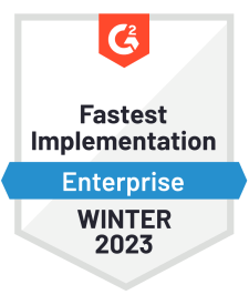 A medal showing that Prodly won the Fastest Implementation Enterprise medal in the G2 Winter 2023 reports.